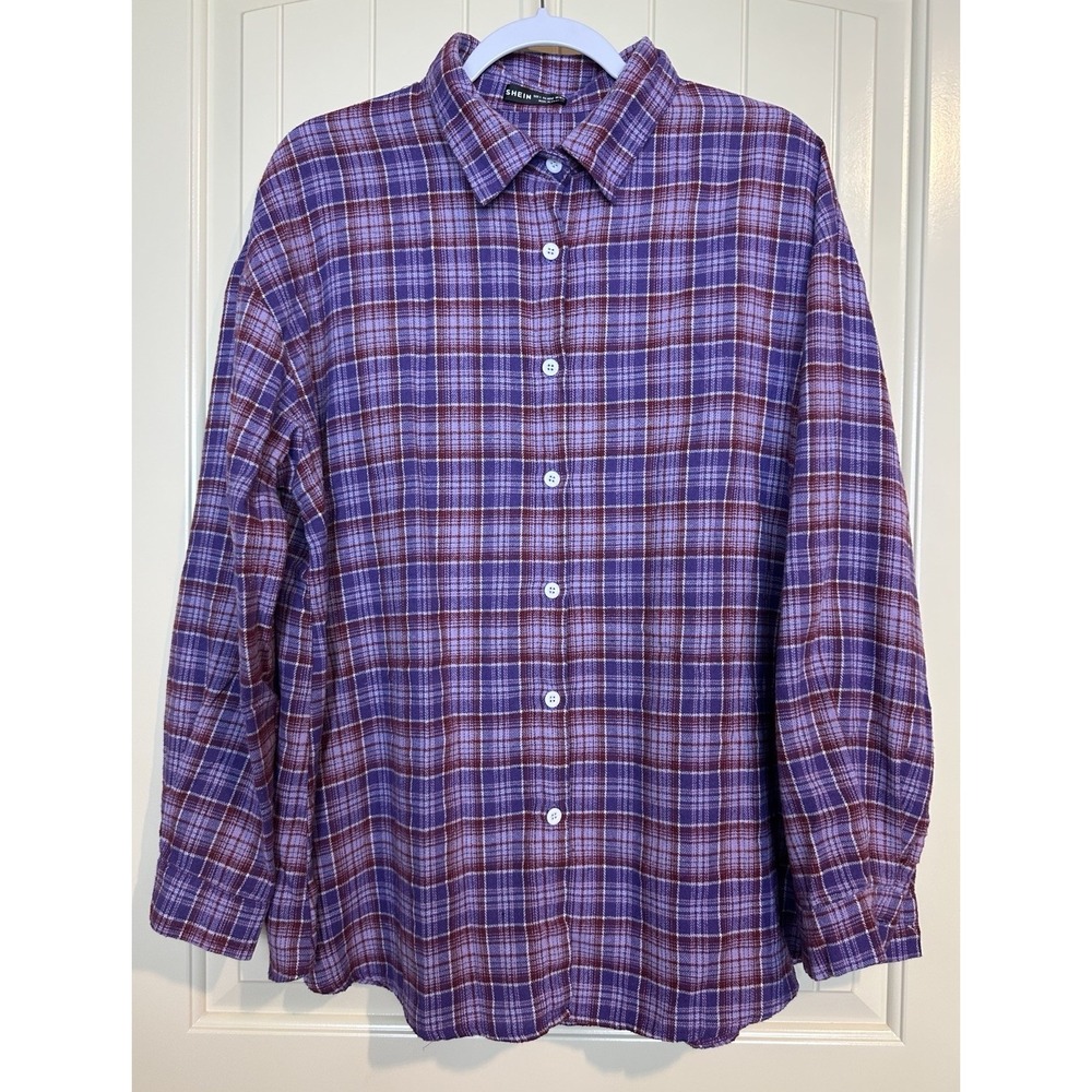 Shein womens purple plaid long sleeve‎ button up flannel casual comfort sz L GUC
